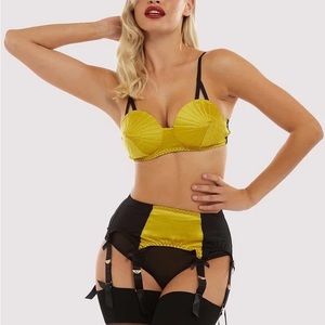 Bettie Page Lingerie Retro Futuristic Bullet Bra and Suspender Set Chartruse